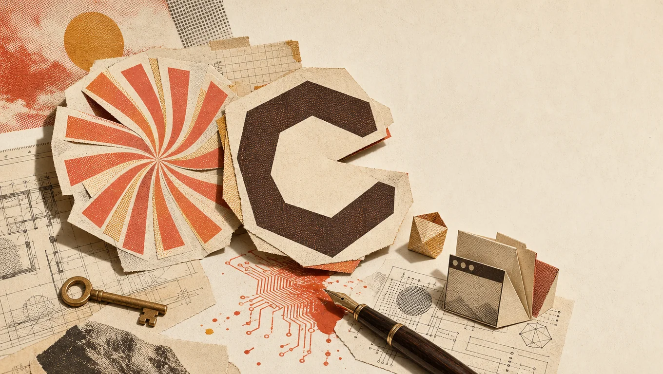Surrealist editorial collage of Claude and Codex logos as torn paper cutouts on a workspace desk